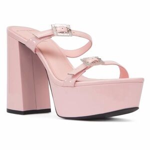 NEW Black Suede Studio Pink Patent Heels Elsie Platform Sandal Crystal Buckle 39